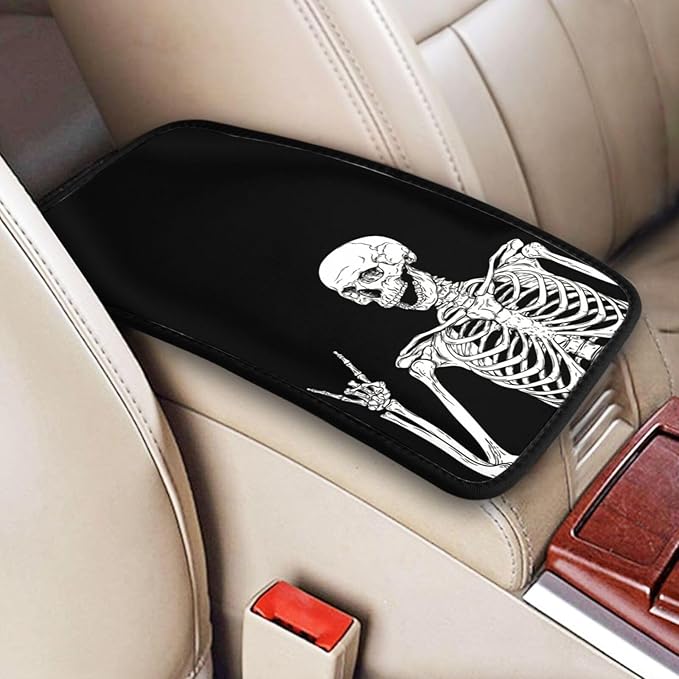 DORKEIXIA Black Funny Skull Human Skeleton Auto Center Console Armrest Pad Universal Car Center Console Cover Seat Box Cover for Sedan, Van, SUV, Truck Car Accessorie