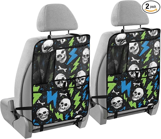 2 Pack Back Seat Car Organizer with Storage Pockets Kick Mats Back Seat Protector Hanging Car Organizer Automotive Seat Back Cover Organizers Skull Lightning Colorful