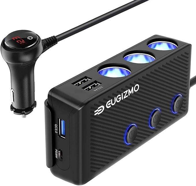 Cigarette Lighter Plug Splitter, 200W 3 Socket Car Cigarette Lighter Adapter USB Charger Extension Cord Multi Port Power Plug 12V/24V Splitter with LED Voltage Display Independent Switches