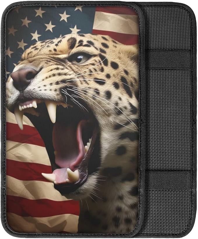 Car Center Console Pad, Universal Waterproof Car Armrest Seat Box Cover, Car Interior Accessories for Most Vehicle SUV Truck Vintage American Flag Leopard Car Armrest Pad