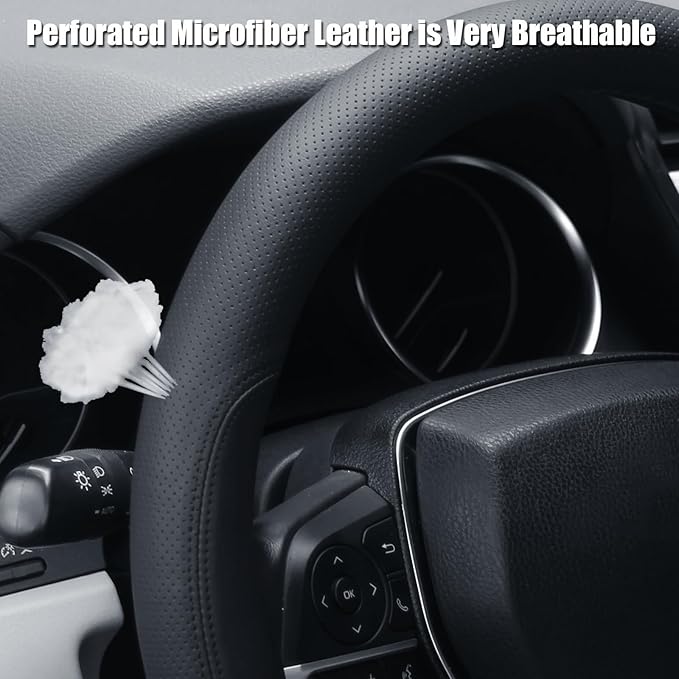 Mihecor D Shaped Steering Wheel Cover, Flat Bottom Car Wheel Cover 14 1/2-15 inch (37-39 cm), Breathable Microfiber Leather, Black