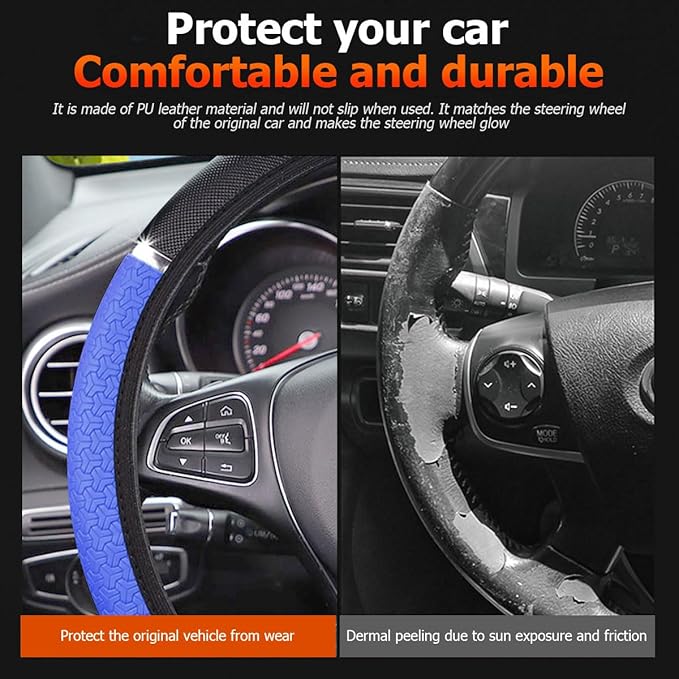 Car Steering Wheel Cover, PU Leather Elastic Vehicle Steering Wheel Protector, 14.5-15 Inches Non Slip Automotive Interior Steering Wheel Accessories, Universal Fit (Blue)