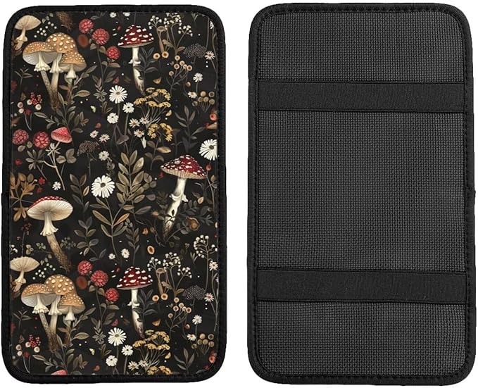 Mushroom Print Car Armrest Box Mat Vintage Boho Brown Floral Auto Center Console Cover Leaf Cars Arm Rest Seat Box Covers Accessories Interior Protection for Most Vehicle SUV Truck