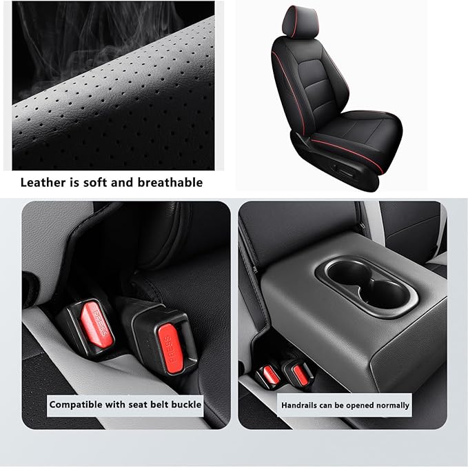 HKZ Fit CRV Car Seat Covers Full Set for Honda CR-V 2012 2013 2014 CRV LX;EX;EX-L Model - Leather (Black with Red Trim)