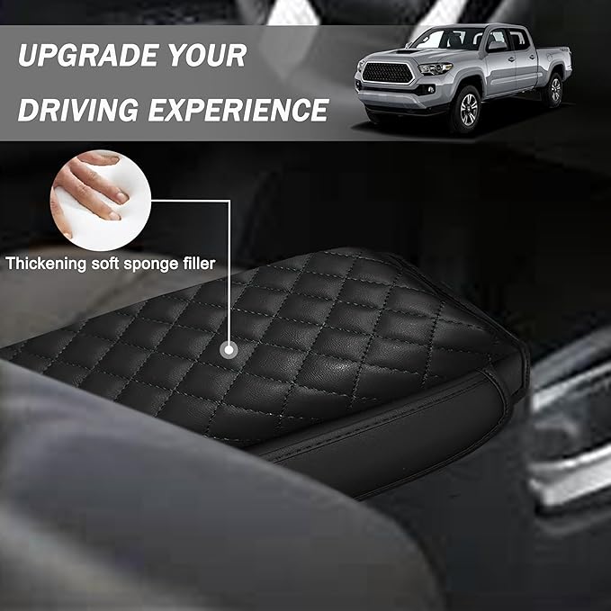 SENSHINE 1.2in Thickness Center Console Cover for Tacoma Accessories 2024 2025 2026 Armrest Cover Leather Armrest Box Lid Protector Cushion Pad with Pockets Interior (Black Stitch)