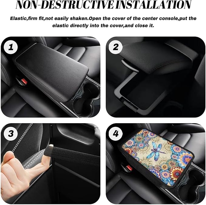 Dreaweet Boho Dragonfly Car Armrest Cover for Women Car Center Console Cushion Pad Easy to Install Car Arm Rest Cover with Pockets Universal Console Covers for Car SUV Trucks Van