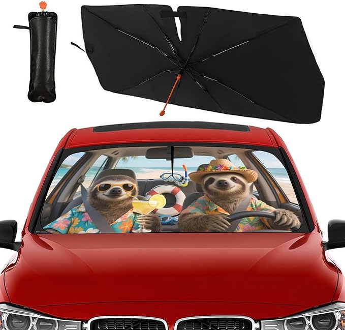 DOPINDU Funny Sloth Car Windshield Sun Shade Umbrella Bendable Handle Foldable Animal Print Sloth Sunshade for Car Windshield Block UV Rays Keep Vehicle Cool for Most Sedans SUV Trucks Cars 57"x30"
