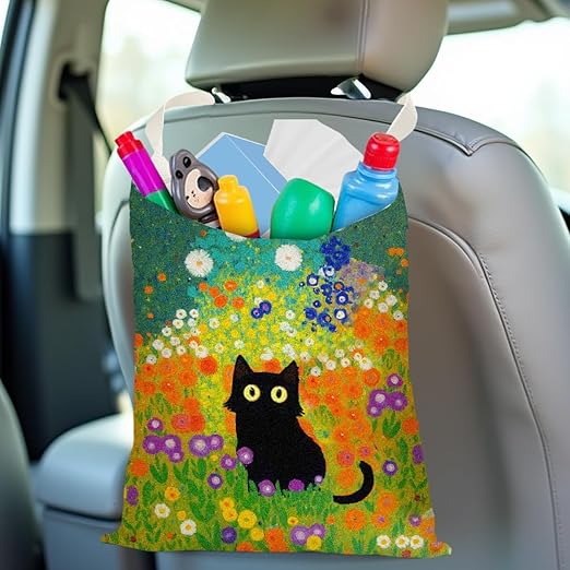 Pykfrhh Black Cat Car Trash Bag, Car Trash Bag Hanging, Waterproof Cars Back Seat Hanging Organizer and Storage Trash Bags for Vehicle Travelling Camping Aesthetic Monet Decor