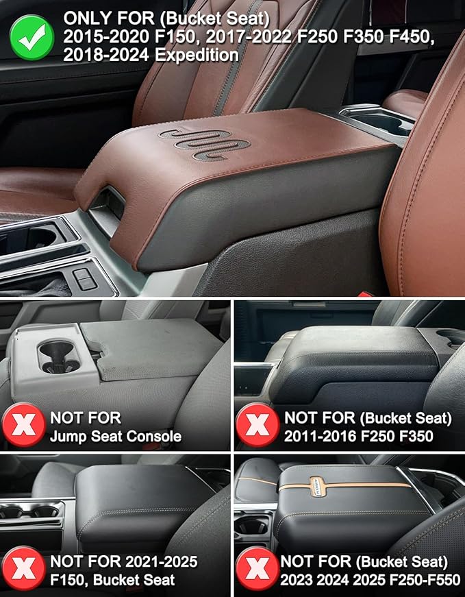 KBH Center Console Armrest Cover for 2015-2020 Ford F150, 2017-2022 F250-F550, 2018-2024 Expedition, Bucket Seat, PU Leather Cushion Pad, Anti-Scratch (Not for Other Years)