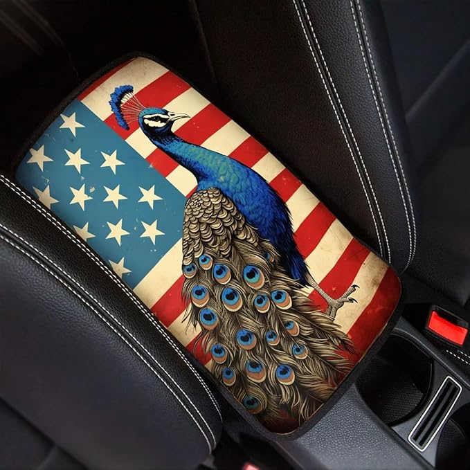 Car Center Console Pad, Universal Waterproof Car Armrest Seat Box Cover, Car Interior Accessories for Most Vehicle SUV Truck Vintage American Flag Peacock Car Armrest Pad