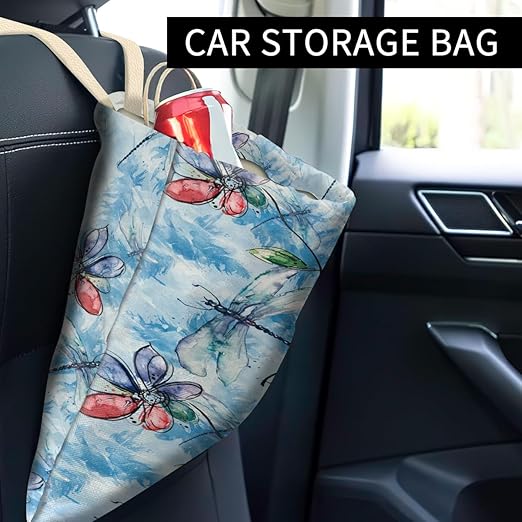 Car Trash Can, Cute Car Trash Bag, Hanging Car Organizer and Storage Bag, Trash Bin for Car Accessories, Vehicle, Travelling, Camping Watercolor Blue Dragonfly