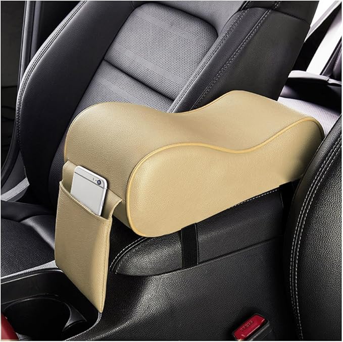 Car Center Console Cover, Soft Memory Foam Auto Arm Rest Pillow with Phone Holder Storage Bag, Waterproof Leather Armrest Seat Box Protector Comfy Cushion Pad for Most Cars (Beige)