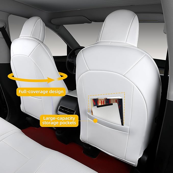 OURPLOT Custom Fit Seat Covers for 2020-2024 Tesla Model Y (5-Seater), Waterproof Nappa Leather, OEM Factory Style Full Set Car Seat Protectors Airbag Compatible - White