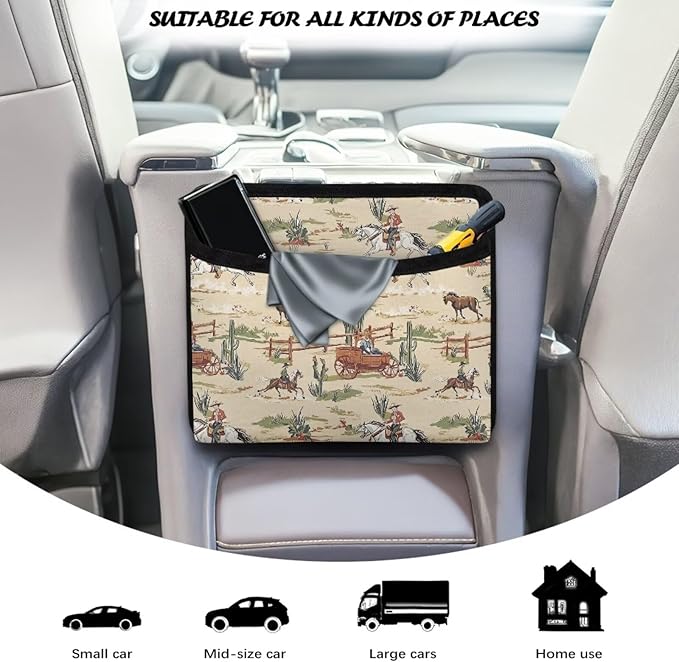 Renewold Car Side Pocket Organizer, Cowboy Cactus Print, Auto Front Rear Seat Storage Bag for Cell Phone Sunglasses Coins, Document Holder Tray Pouch for Vehicle Seat, Women Men Car Accessories