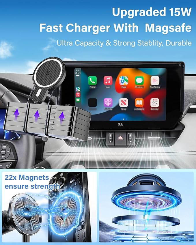 PZK Car Phone Holder for Hyundai Elantra 2021-2025 SE/SEL/Sport/Limited/N Line Accessories 8-Inch/10.25-Inch Screen Magnetic 15W Fast Wireless Charger Car Phone Mount Not Affect Air Vent