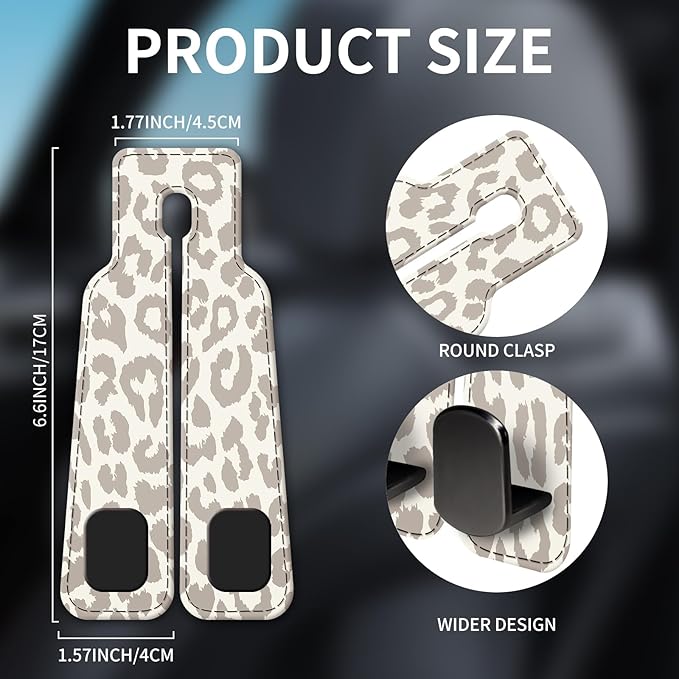 NUGGHU Car Seat Headrest Hook, Universal Leather Cute Hanger Holder Hook, Storage Organizer Interior Accessories for Purse Bags Handbag Luxury Grey Leopard