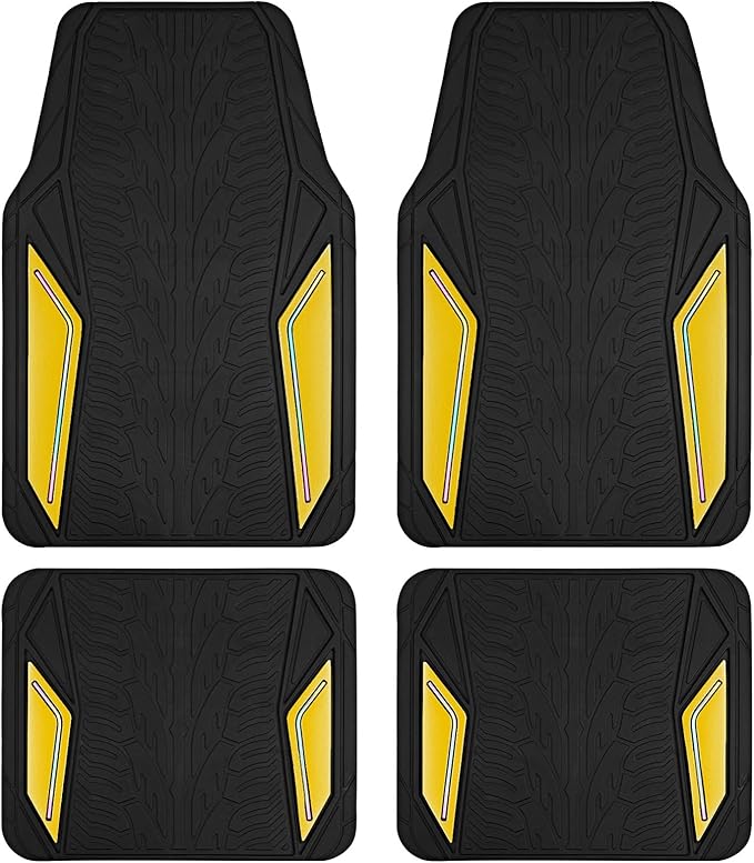 PIC AUTO Rubber Floor Mats, Yellow Aluminum Film with Colorful Piping Floor Mats for Cars, Car Mats with Non-Slip Backing, All-Weather Protection, Trim-to-Fit Liner for Cars, SUVs, Trucks, Vehicles