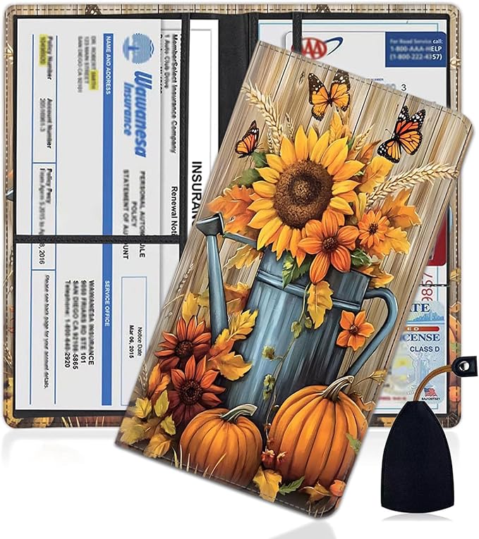 Car Registration Holder, PU Leather Vehicle Glove Box Organizer for Driver License, Document, Car Insurance Holder with Magnetic Shut, Auto Paperwork Wallet Accessories,Autumn Fall Pumpkin Sunflowers