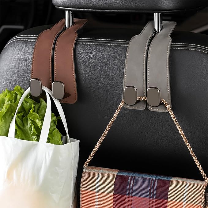 Medech Headrest Hooks for Car Car Seat Hooks for Headrest, 2025 Hooks for Purses and Bags Cute Car Purse Holder,Twinhook Leather Headrests Hangers Seat Back Organizers (Black-4PC)