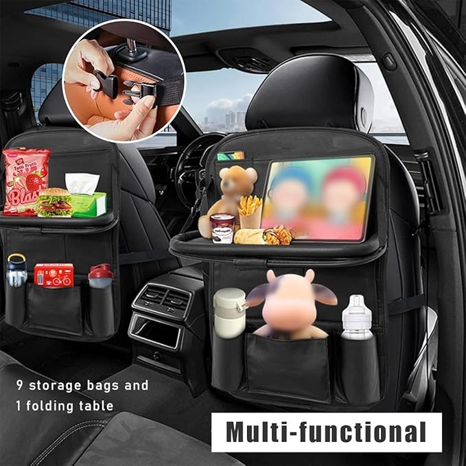 Car Backseat Organizer with Tablet Holder, 9 Storage Pockets PU Leather Foldable Table Tray Seat Back Protectors, Car Seat Back Protectors Kick Mats Car Accessories (Black)