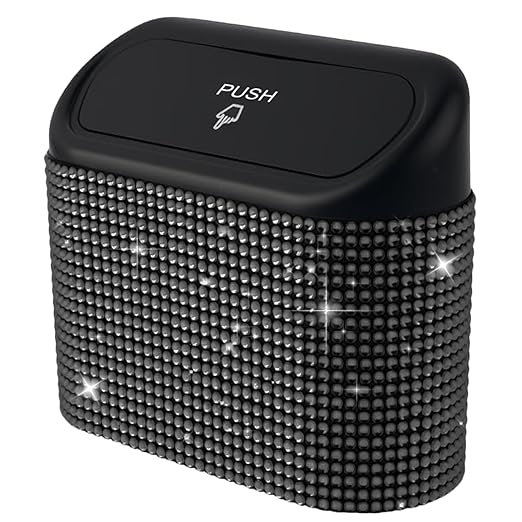 Bling Car Trash Can with Lid Mini Auto Garbage Bin Rhinestone Hanging Vehicle Trash Container Odor Proof Organizer (Black)
