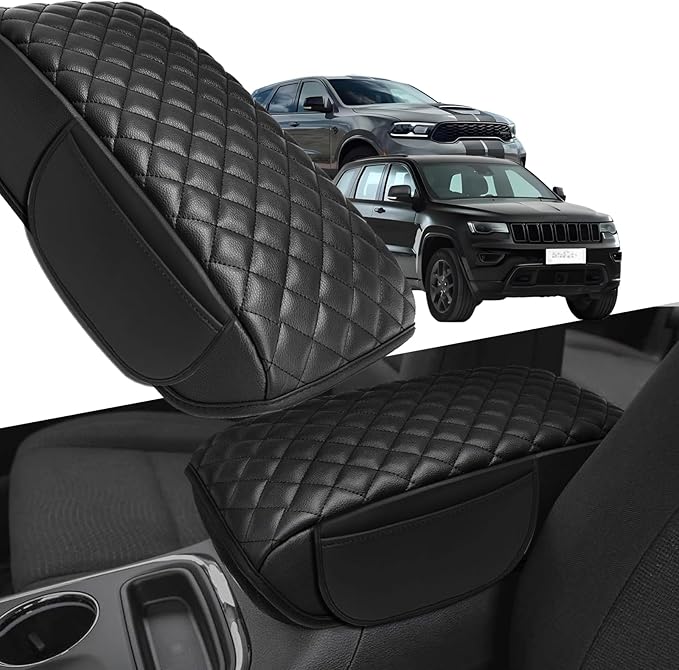 Thickened Armrest Cover Fit forJeep Grand Cherokee & Dodge Durango 2011 2012 2013 2014 2015 2016 2017 2018 2019 2020 Accessories, PU Leather Arm Rest Covers Lid Cushion Pad With Pockets Storage Bag