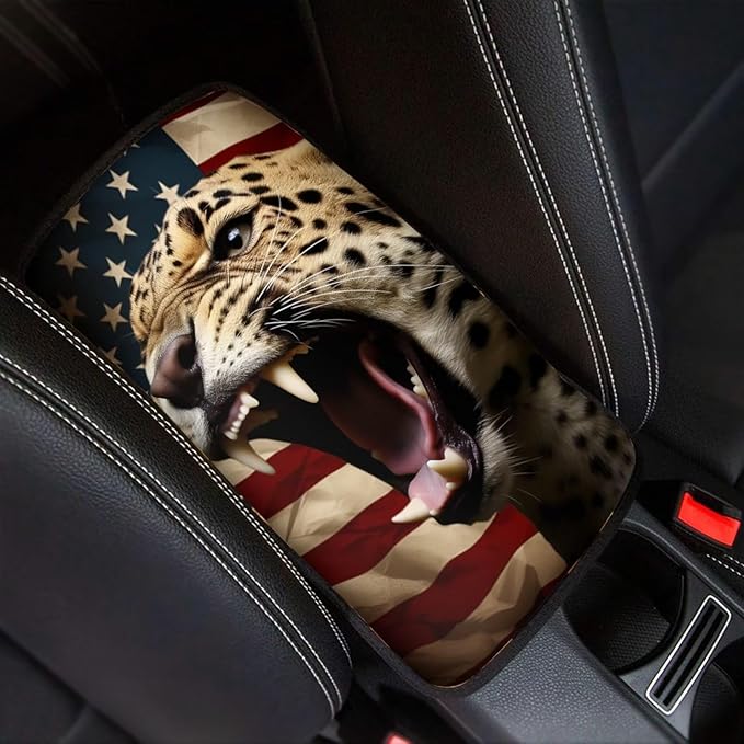 Car Center Console Pad, Universal Waterproof Car Armrest Seat Box Cover, Car Interior Accessories for Most Vehicle SUV Truck Vintage American Flag Leopard Car Armrest Pad