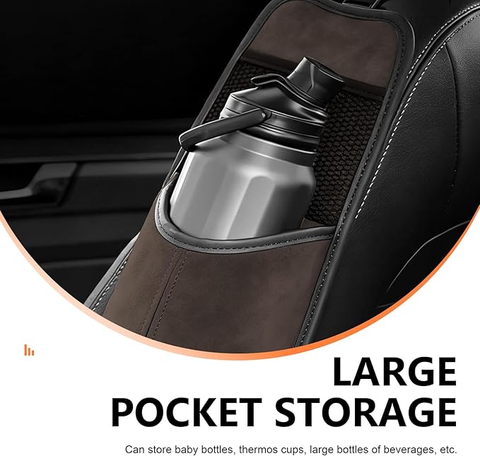 Car Tissue Holder, Leather Seat Side Strap-On Organizer Box with Mesh Net, Multifunctional Hanging Card Cup Holder Storage Bag, Universal for Most Cars (Coffee)