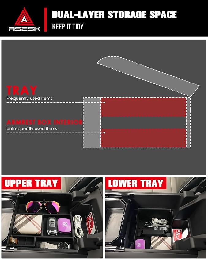 ASZSK for 2024-2026 Chevy Silverado EV&GMC Sierra EV Armrest Storage Box Console Organizer - Easy to Install&Lift Handle Design 2PCS Double Layer Center Console Upper&Lower Armrest Organizer