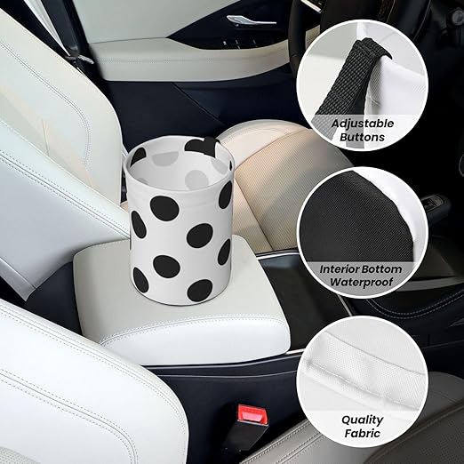 Polka Dot Black White Car Trash Can Leak Proof Hanging Waterproof Garbage Can Multipurpose Trash Bin for Car SUV Front Seat Headrest Collapsible and Portable Storage Pocket