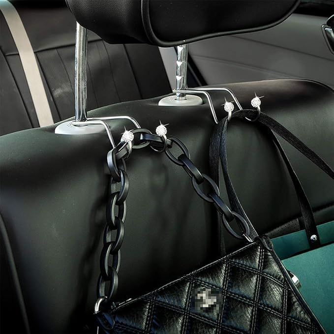 Bling Car Seat Hooks, Rhinestone Universal Organizer Hooks Car Headrest Hangers Hooks, Bag Organizers Rack and Hanger, Strong and Durable Auto Backseat Storage Hooks (A-White)