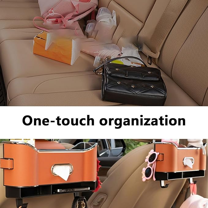 Multifunctional Car Seat Back Storage Box, Car Seat Tissue Box and Storage Box, Universal Car Tissue Organizer Back Seat with 2 Drink Cup Holder (Orange)