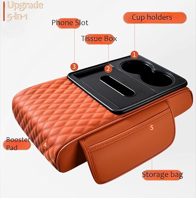 Car Center Console Armrest Pad, Arm Rest Box Cushion with Ergonomic Height Boost, Storage Pockets, Built-in Tissue Box, Cupholder, Fit for Most Sedan Vehicles (Embroidery Water Ripple, Coffee)