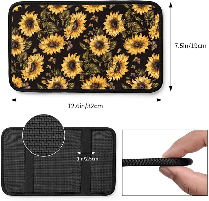 Sunflower Car Center Console Cover Yellow Black Flower Floral Armrest Box Covers SUV Van Sedans Truck Interior Accessories, Anti-Scratch Middle Console Lid Cushion Protector