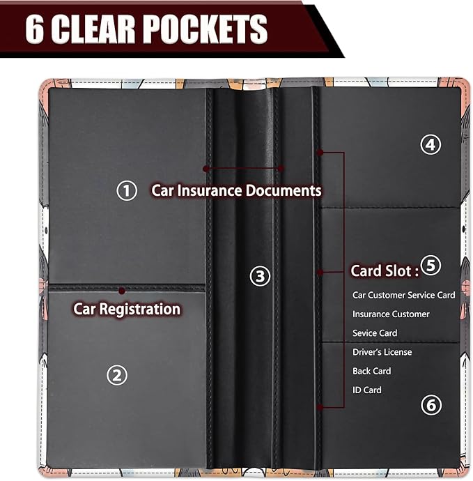 Car Registration Holder, PU Leather Vehicle Glove Box Organizer for Driver License, Document, Car Insurance Holder with Magnetic Shut, Auto Paperwork Wallet Case Accessories, Cute Cartoon Cats