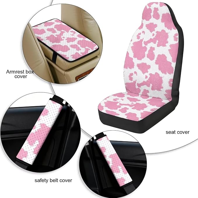 FUSURIRE 5 Pieces Pink Cowhide Print Car Accessories Set PU Front Seat Covers, Seat Belt Covers & Center Armrest Pad for SUV Car Truck