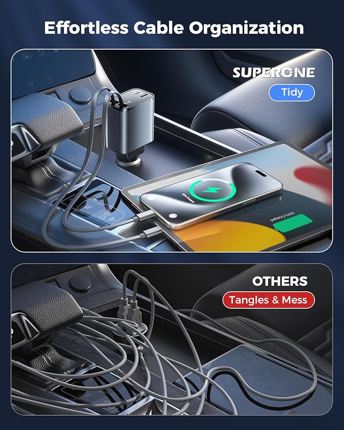 [2024 Upgraded] 4 in 1 Retractable Car Charger, SUPERONE Smaller Fast Car Phone Charger 69W with Cord, USB C and iPhone Car Charger Adapter, Compatible iPhone 17/17 Pro Max/16/15/14/13/12/11, Sumsung