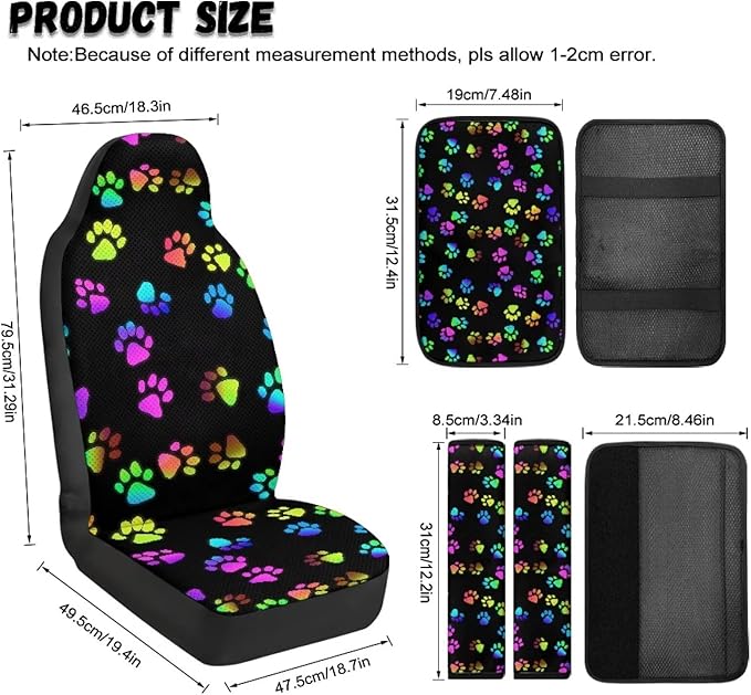 Qeluxign 5 Piece Car Seat Covers Set for Women Men Rainbow Paw Print PU Leather Seat Covers Belt Pads and Armrest Cover Universal Fit Car Accessories