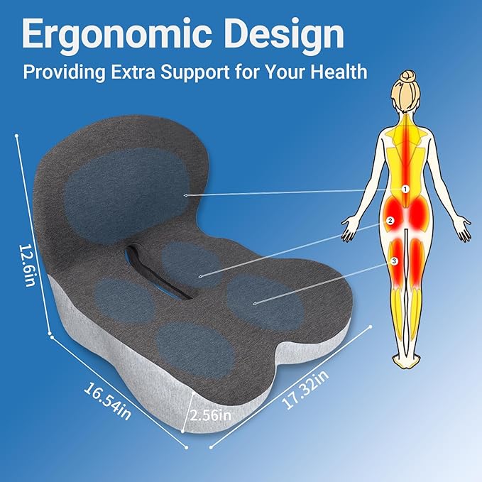 XZdream Memory Foam Seat Cushion,Office Chair Cushion with Lumbar Support for Back Pressure Relief, Car Seat Cushion with Adjustable Strap,Sciatica Pad Cushions for Car,Truck, Desk,Gaming Chair