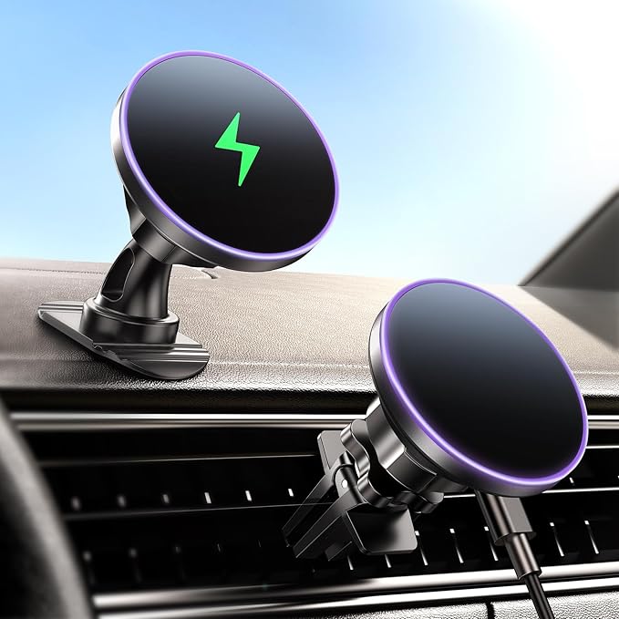 for Magsafe Car Mount Charger, [2025 Upgrade] 15W 2in1 Magnetic Wireless Car Charger, for Magsafe Car Charger, Vent/Dashboard Phone Holder, ONLY for iPhone 17 16 15 14 13 12 Series(Purple)