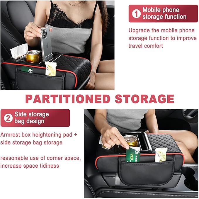 Car Armrest Storage Box for Lincoln Nautilus 2019-2024, Center Console Organizer with Side Pocket, Ergonomic Memory Foam Armrest Cushion, Car Elbow Support Pad,B Black Red