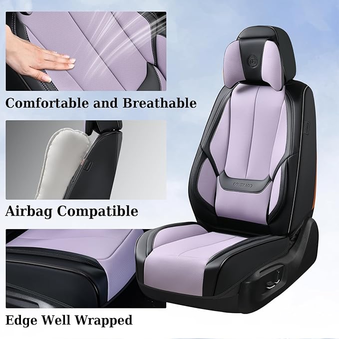 Coverado Universal Seat Covers Front, Universal Seat Covers for Cars, 2-Pack Waterproof Nappa Leather Car Seat Covers with Head Pillow, Auto Protectors Fit for Most Sedans SUV Truck-Black&Purple