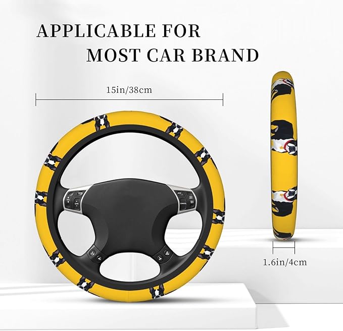 Boston Terrier Print Car Steering Wheel Cover, 15 Inch Steering Wheel Cover Stylish Decor for Most Cars