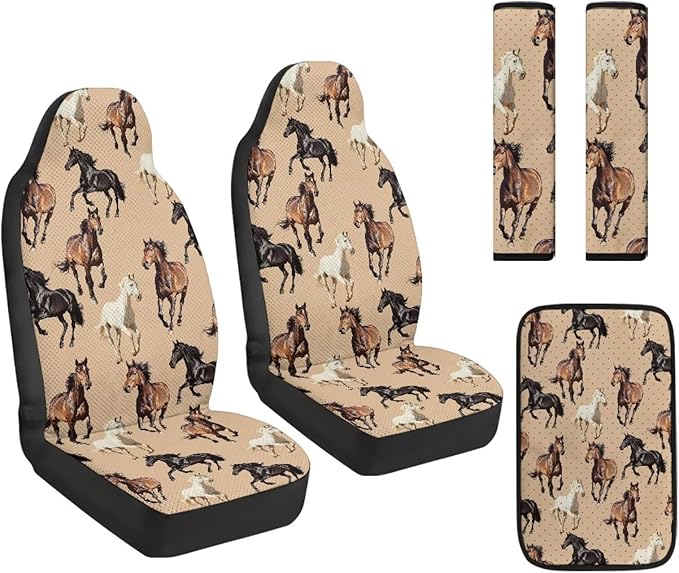 FUSURIRE Horse Pattern Car Seat Cover Set with Center Console Armrest Covers Cushion and Seat Belt Shoulder Straps Pad 5pcs PU Car Accessories for Truck Sedan SUV
