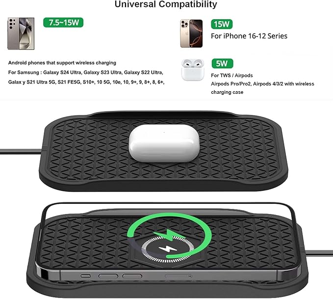 Wireless Car Charger,Fast Wireless No-Slip Charging Pad for car Cell Phone Cordless Charger mat Samsung Galaxy S24/S23/S22/S21, Android Phones, iPhone 16/15/14/13/12 Series,Airpod (Black)