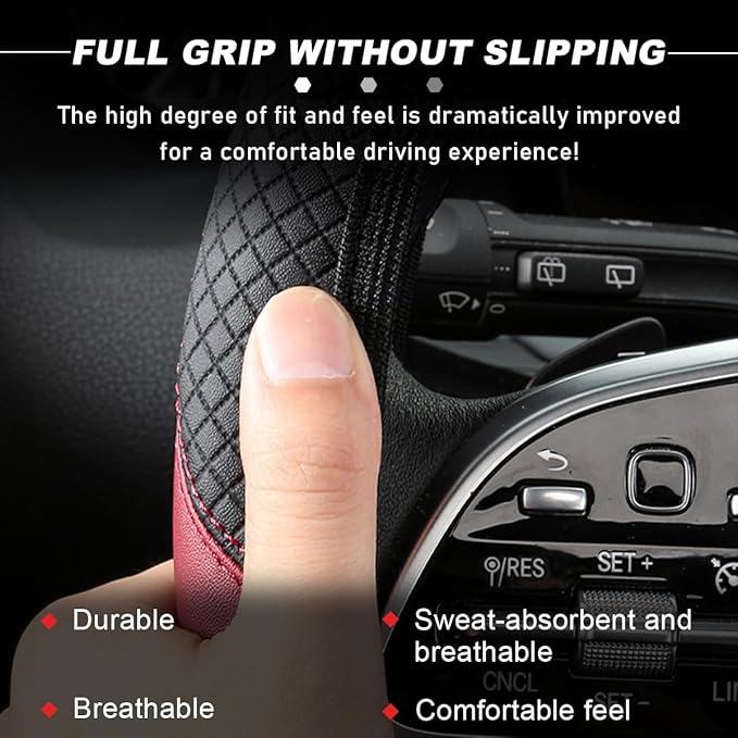 Car Steering Wheel Cover, 15 Inch Carbon Fiber Leather Stitching Color Steering Wheel Protector, Anti-Slip Elastic Breathable Steering Wheel Cover Stylish Decor for Most Cars (Wine Red, AD)