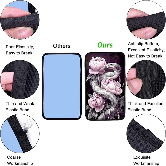 JANENFNA Car Armrest Cover Pads Universal Fashion Cute Auto Center Console Armrest Cover Pad with 2PCS Car Coasters Soft Waterproof Car Armrest Seat Protector for Women,Snake Pink Peonies