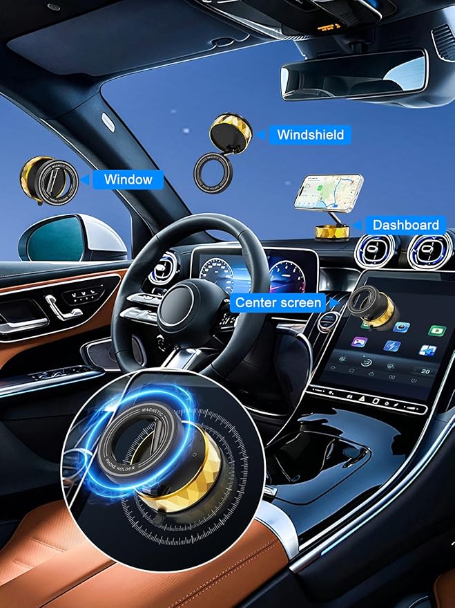 Vacumm Magnetic Phone Holder | Car Phone Holder for iPhone with Magsafe【Nano Glue& Suction Cup & Strong Magnet & 360°Adjustment】 Apple Phone Mounts of Car Accessories(Golden)