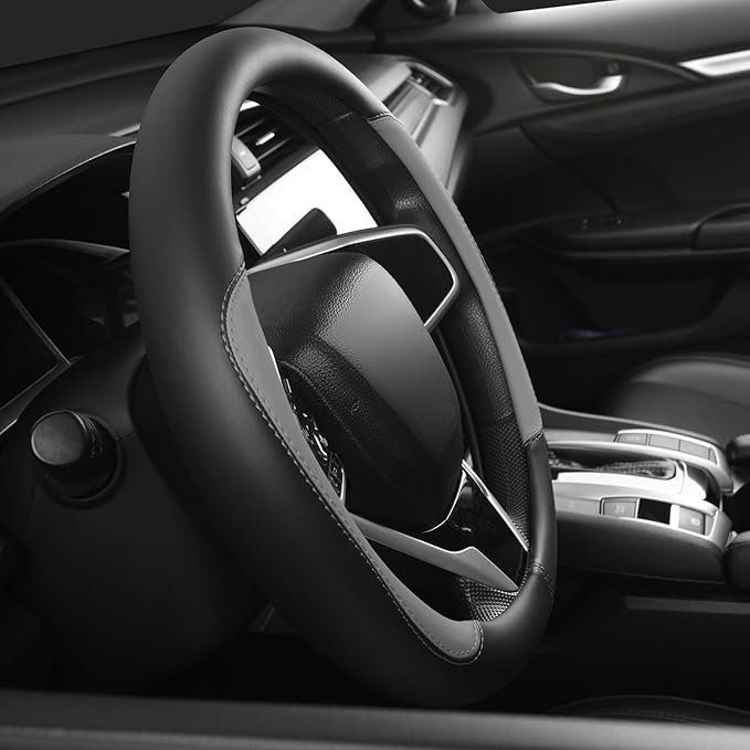 Car Steering Wheel Cover,Microfiber Leather Steering Wheel Cover Universal 14.5-15 inch, Anti-Slip Breathable Auto Wheel Cover Protector for Men Women (Black&Gery)