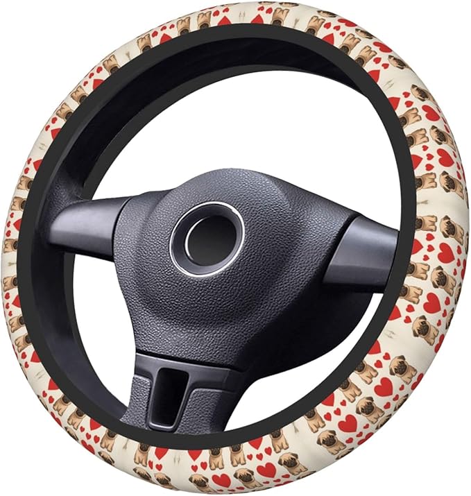 Funny Pug Puppy Dog Universal Fit Steering Wheel Cover for Car, Truck, and SUV, Durable Steering Wheel Protection